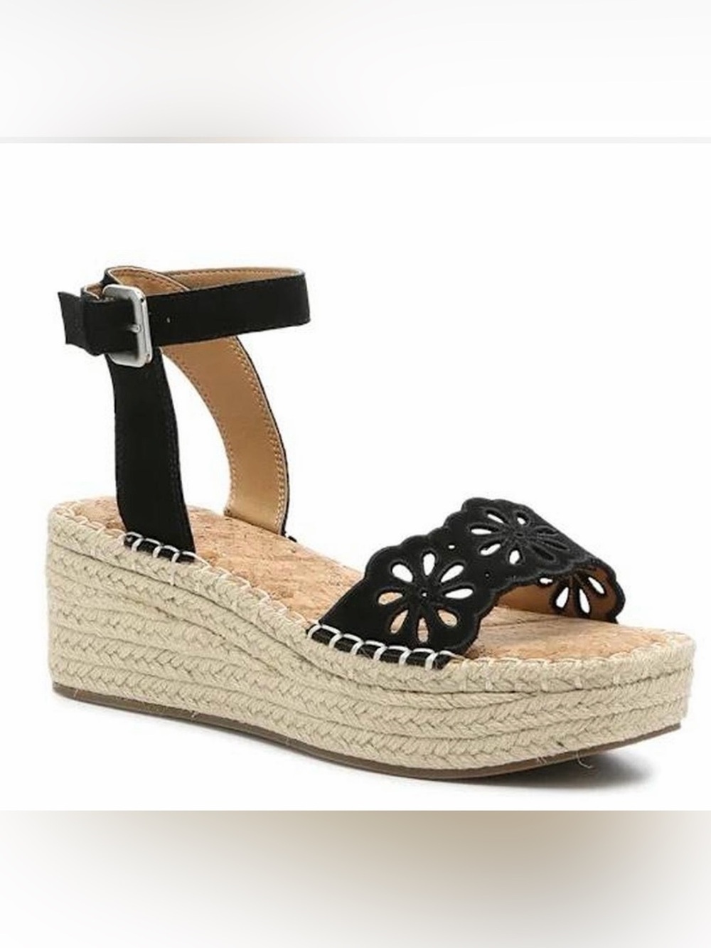 Crown Vintage Black Floral Cutout Espadrille Wedge Sandal
